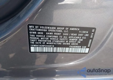 2015 Volkswagen Passat 2.0L Tdi Se from USA, damaged, VIN 1VWBV7A38FC044618